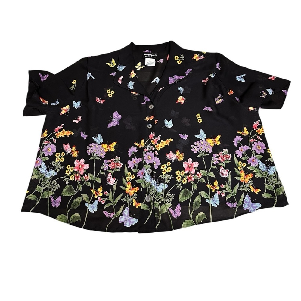 Positive Attitude Black Sheer Cropped Shirt Butterflies Flowers Top Size L/XL - Picture 7 of 9